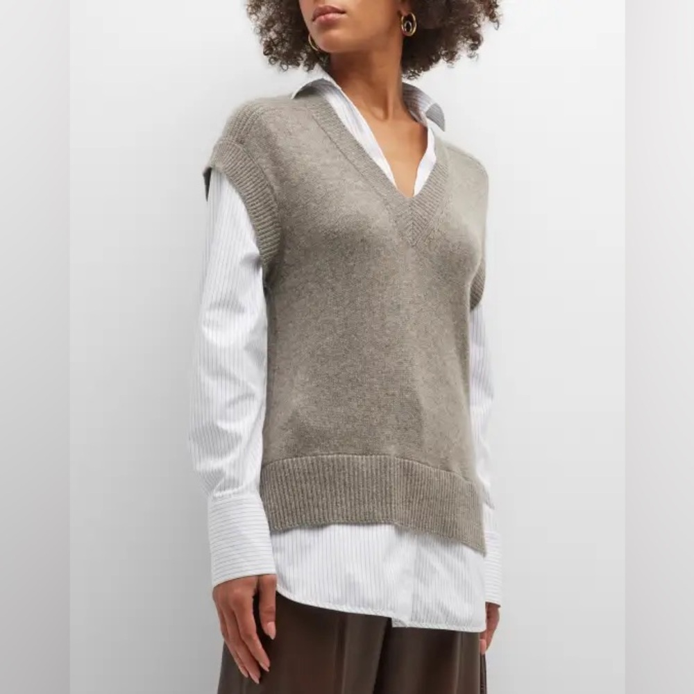 BROCHU WALKER Grey Gray V Neck Sweater Vest Blue White pinstripe collar blouse M - Picture 8 of 13